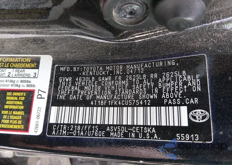 2012 Toyota Camry Se from USA, damaged, VIN 4T1BF1FK4CU575412